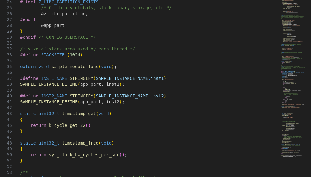 Screenshot eines Zephyr-Firmware-Beispiels in einem Editor (Dark Theme)